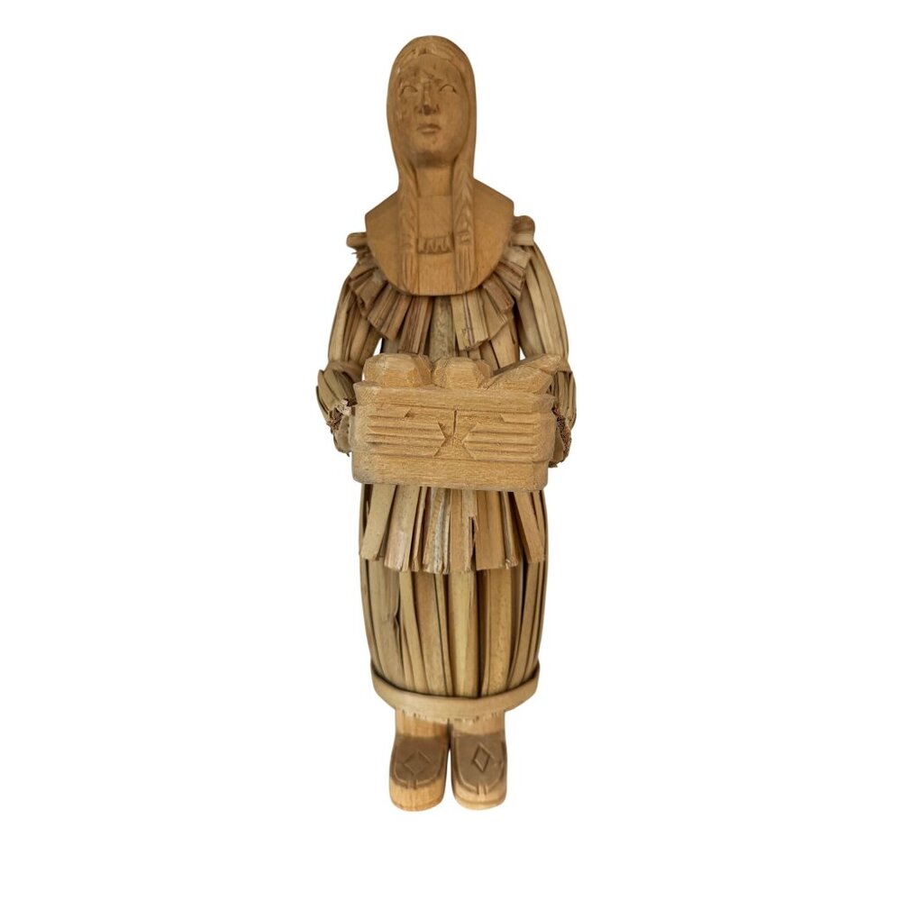 Handcrafted Wooden Filipino Woman Figurine With Basket Of Bread 15" Tall Made In